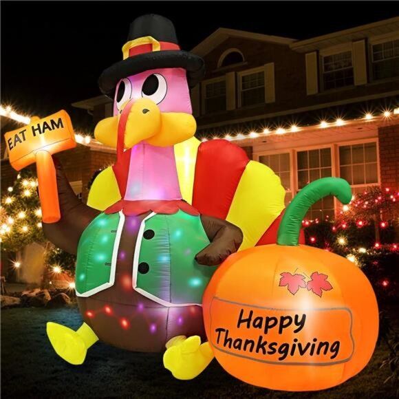 6FT Inflatable Turkey Blow Up with Built-in Colorful LED Rotating Lights - Picture 6 of 12